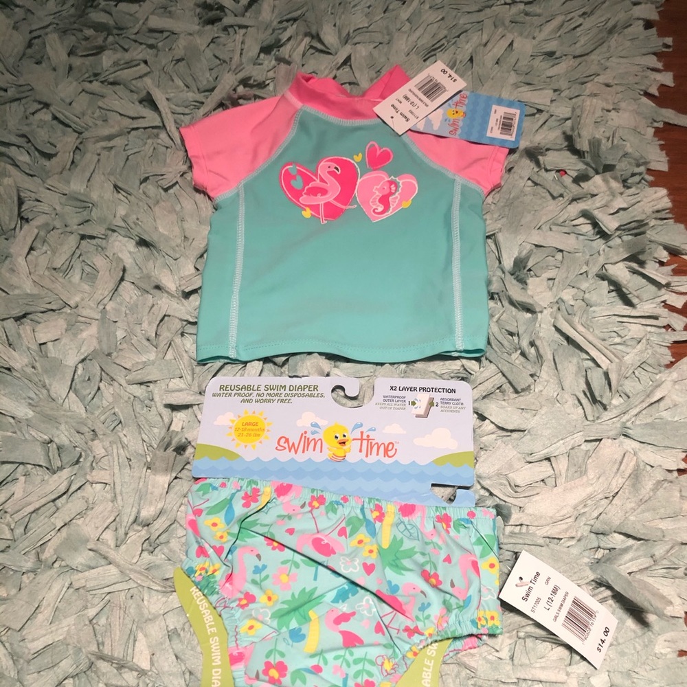 NWT Swim Time Flamingo Swim Diaper & Rash Guard